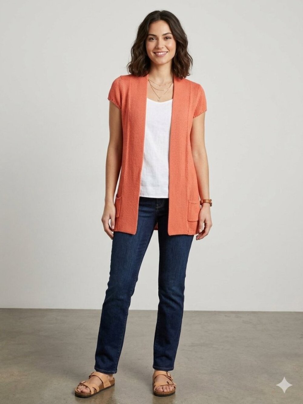 Worthington Coral Orange Open Front Cap Sleeve Knit Cardigan Sweater M